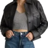 Womens Cropped Trucker Black Leather Jacket