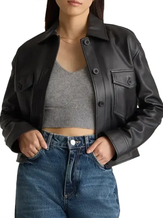 Womens Cropped Trucker Black Leather Jacket