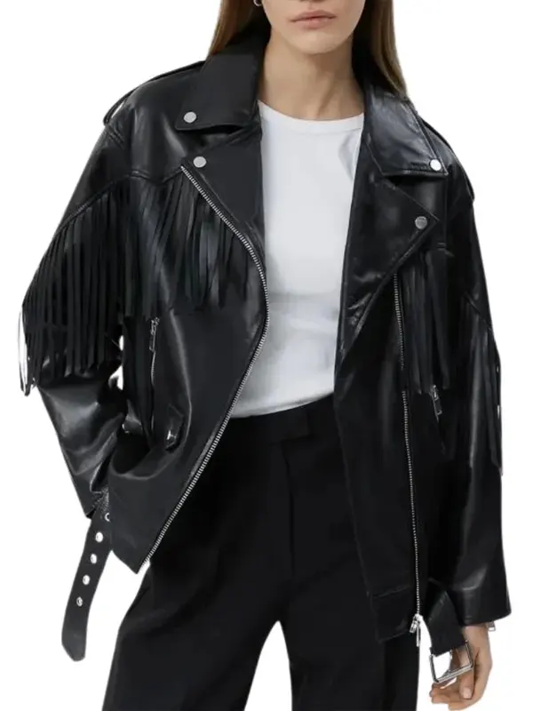 Women’s Fringe Asymmetrical Black Biker Jacket