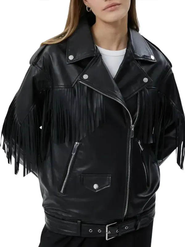 Women’s Fringe Asymmetrical Black Biker Leather Jacket
