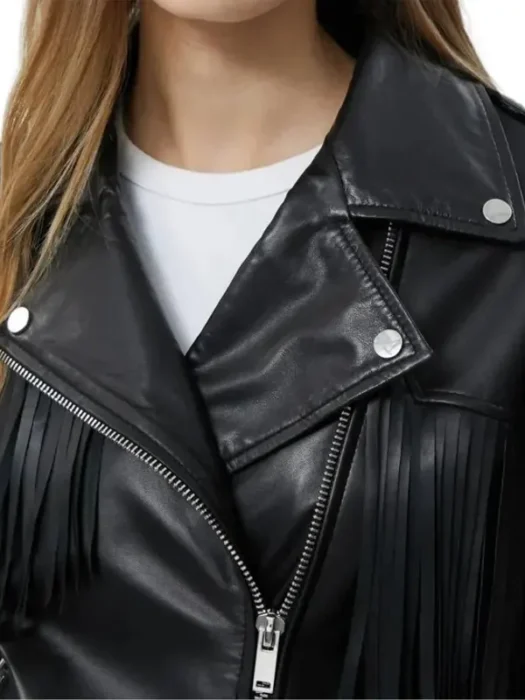 Women’s Fringe Asymmetrical Black Leather Jacket
