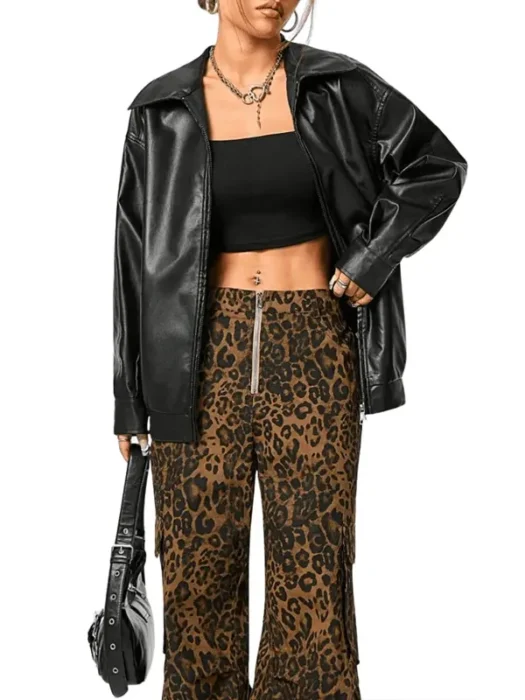 Women’s Oversized Black Leather Motorcycle Jacket