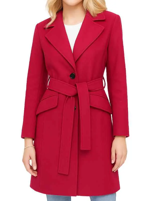 Women’s Pink Notch Lapel Wool Wrap Coat