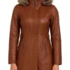 Women’s Shearling Hooded Brown Leather Long Coat