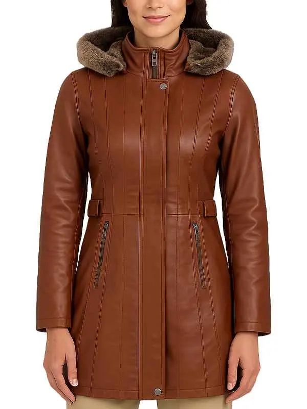 Women’s Shearling Hooded Brown Leather Long Coat
