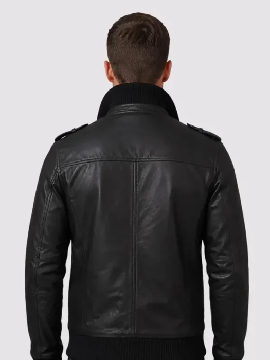 Black Leather Bomber Jacket Back