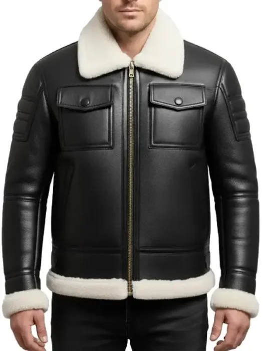 Black Leather White Fur Shearling Black Bomber Jacket