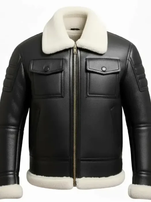 Black Leather White Fur Shearling Bomber Jacket