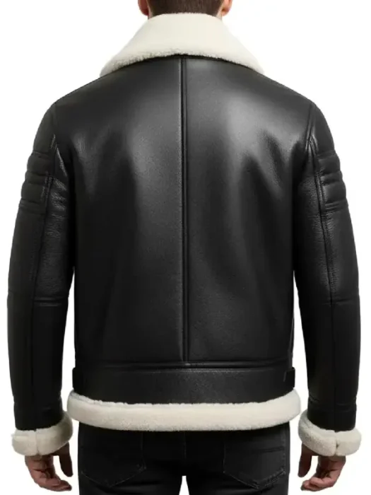 Black Leather White Fur Shearling Bomber Jacket Back
