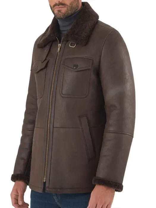 Classic Dark Brown Sheepskin Leather Jacket with Fur Collar