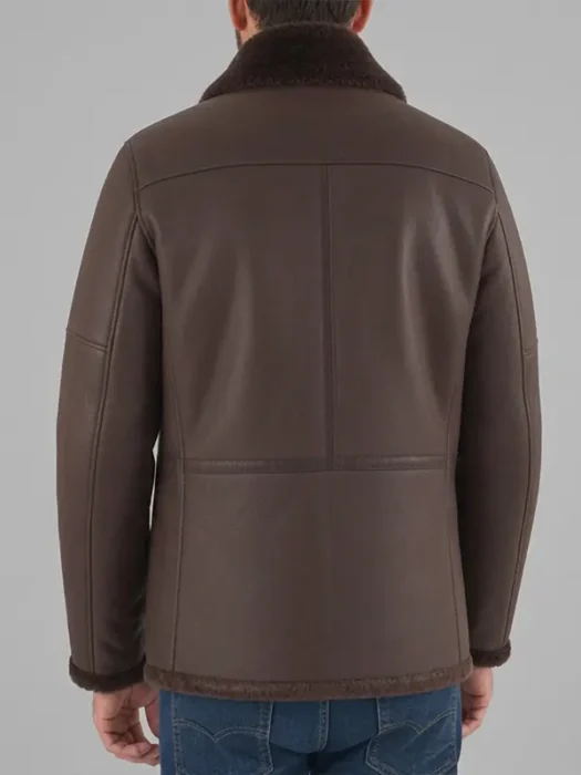 Classic Dark Brown Sheepskin Leather Jacket with Fur Collar Back
