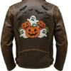 Halloween Distressed Graphic Brown Leather Jacket Bak