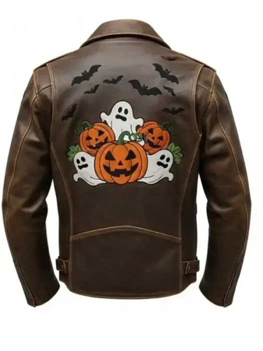 Halloween Distressed Graphic Brown Leather Jacket Bak