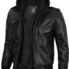 Men Black Leather Jacket with Removable Hoodie