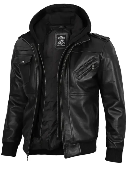 Men Black Leather Jacket with Removable Hoodie