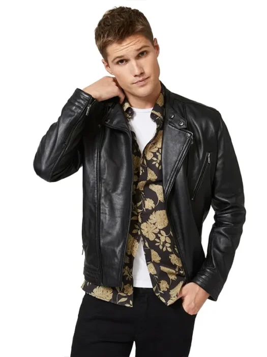 Mens Asymmetric Black Leather Biker Jacket