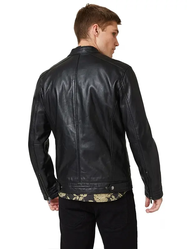 Mens Asymmetric Black Leather Biker Jacket Back