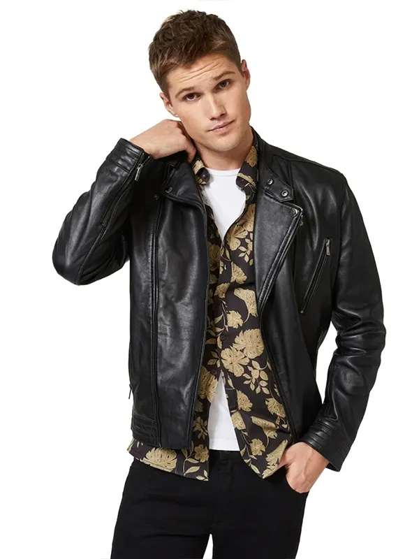 Mens Asymmetric Black Leather Biker Jacket