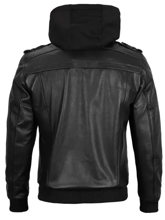 Mens Black Leather Jacket with Removable Hoodie Back