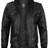 Mens Leather Jacket with Removable Hoodie