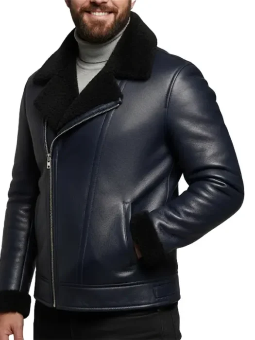 Mens Moto Inspired Sheepskin Shearling Black Jacket