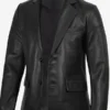 Mens Notch Lapel Two Button Black Leather Blazer Jacket