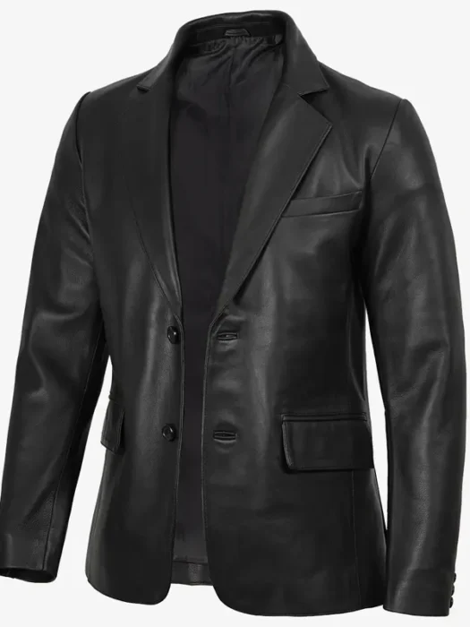 Mens Notch Lapel Two Button Black Leather Blazer Jacket