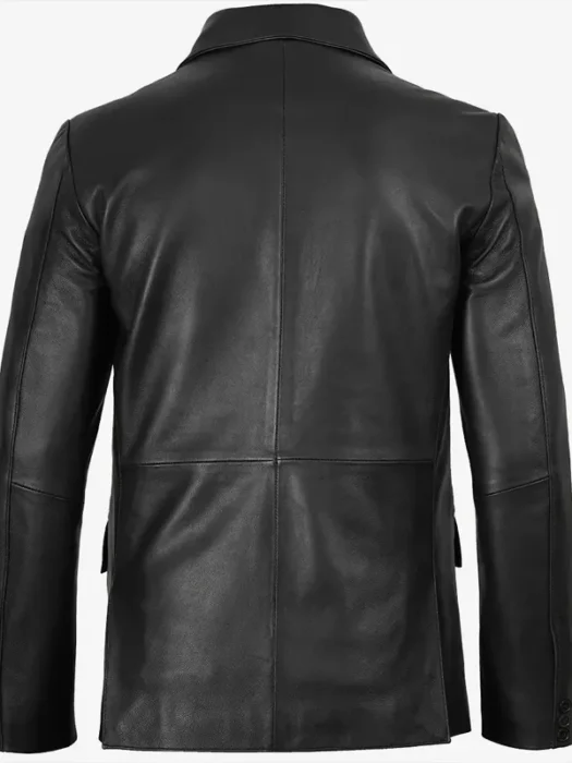 Mens Notch Lapel Two Button Black Leather Blazer Jacket Back