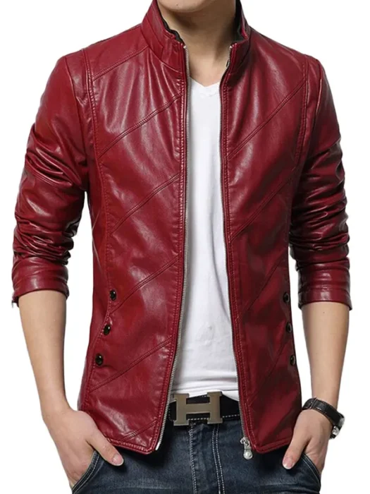 Men’s Slim Fit Causal Wear Red Faux Leather Jacket