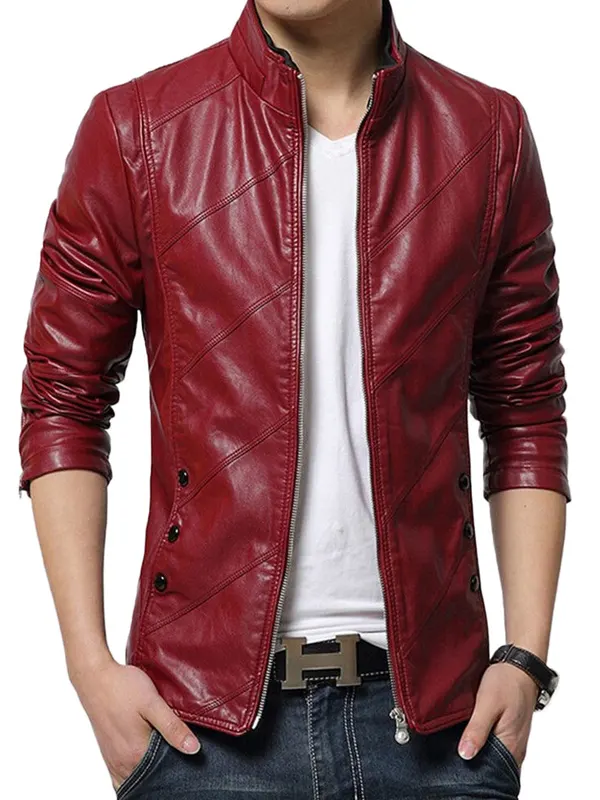 Men’s Slim Fit Causal Wear Red Faux Leather Jacket