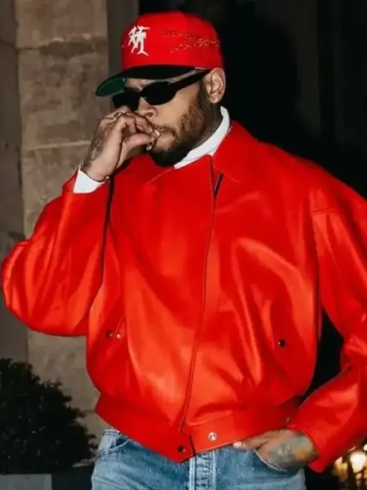 Paris Chris Brown 2026 Leather Red Jacket