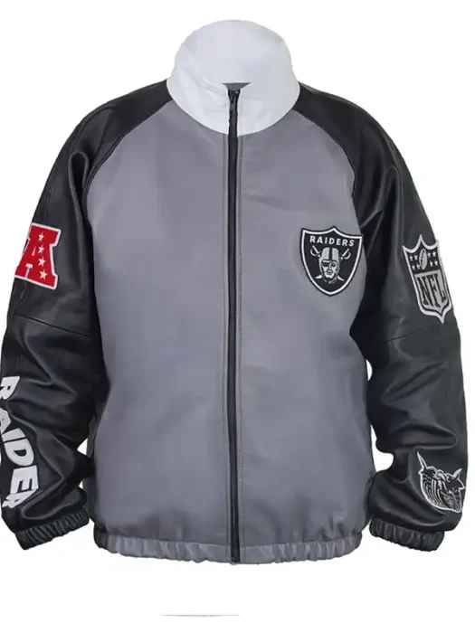 Shop Jeff Hamilton Grey and Black Raiders Vegan Leather Jacket For Men and Women