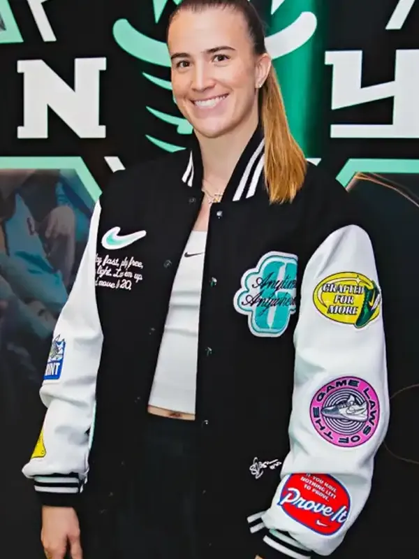 Shop Sabrina Ionescu Nike Any Time Any Where Black and White Varsity Jacket For Men and Women