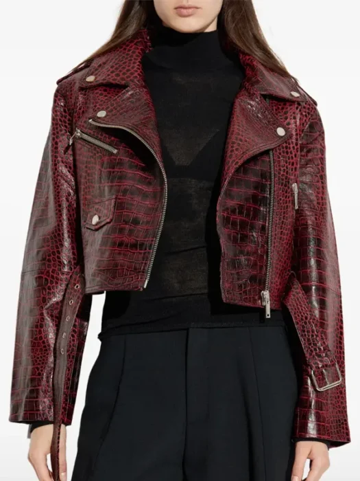 Womens Croc-Embossed Deep Burgundy Faux Jacket