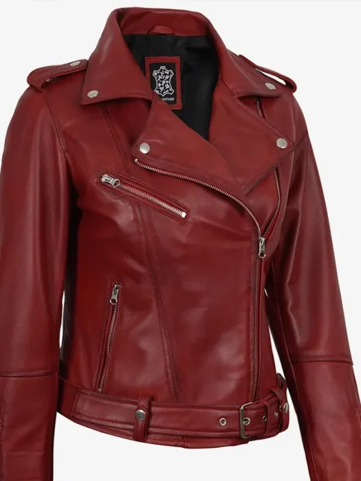 Womens Stylish Red Lambskin Leather Biker Jacket