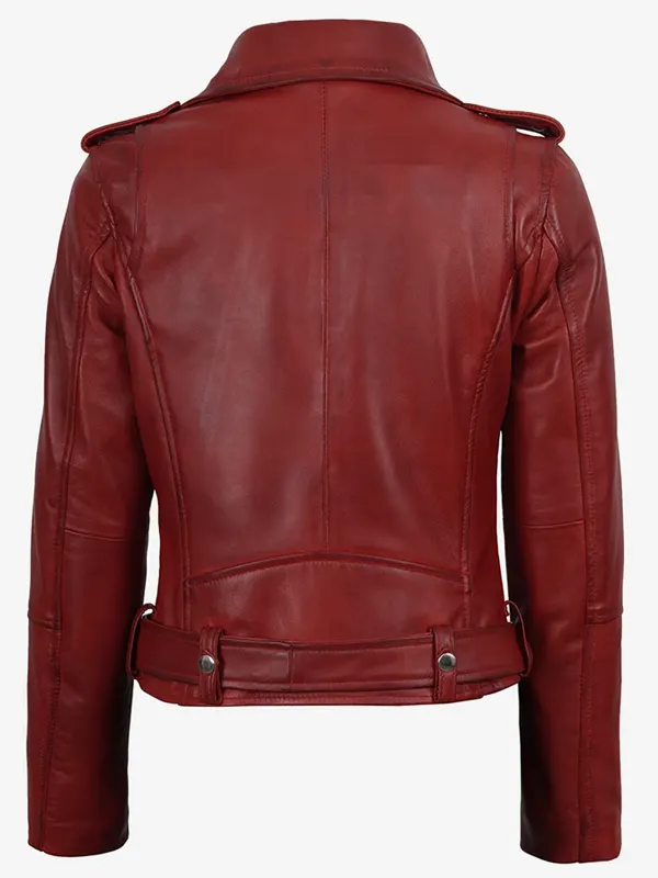 Womens Stylish Red Lambskin Leather Biker Jacket Back