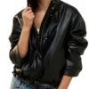 Black Funnel Neck Faux Leather Jacket