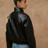 Black Funnel Neck Faux Leather Jacket Back