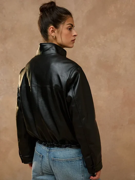 Black Funnel Neck Faux Leather Jacket Back