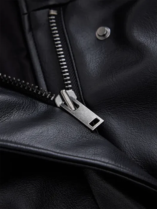 Black Funnel Neck Faux Leather Jacket Zipper style