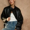 Black Funnel Neck Faux Leather Jacket for Women