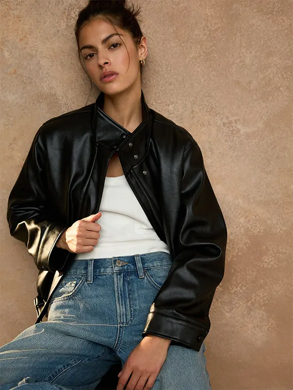Black Funnel Neck Faux Leather Jacket for Women