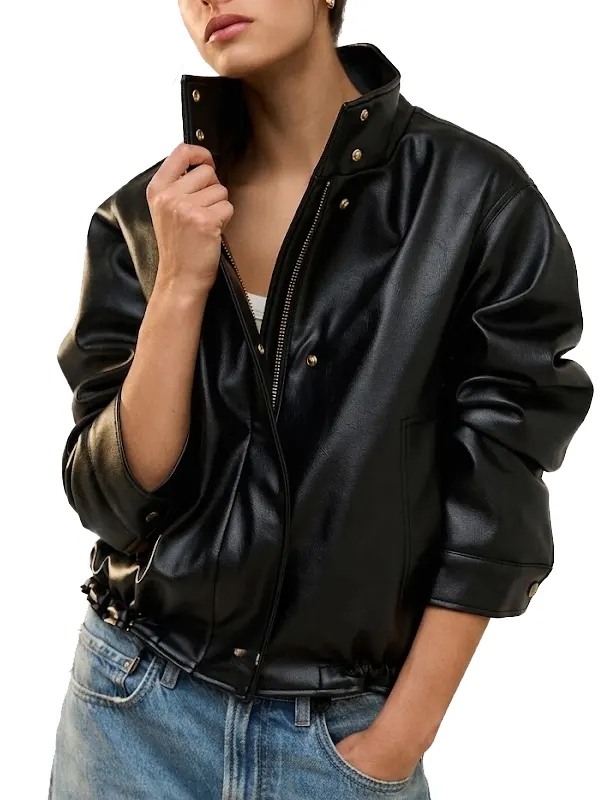 Black Funnel Neck Faux Leather Jacket