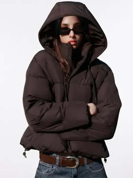 Brown Leather Jacket with Hodded Collar