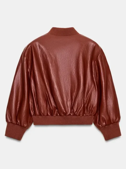 FAUX LEATHER BOMBER JACKET WITH SHOULDER PADS BACK