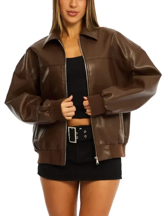 Faux Brown Bomber Leather Jacket