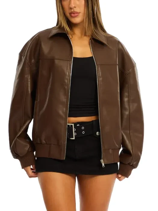 Faux Leather Brown Bomber Jacket