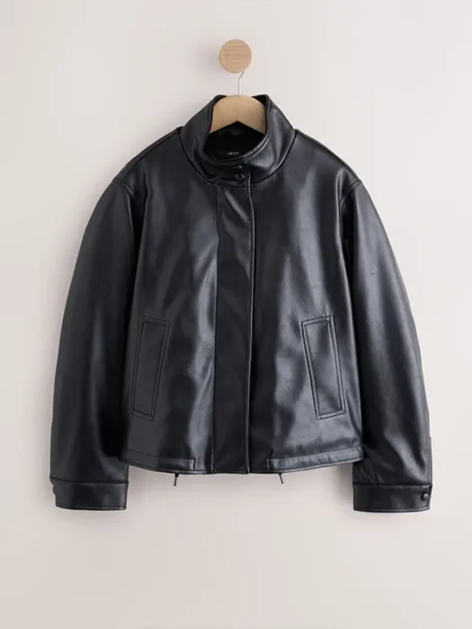 Funnel Neck Black Faux Leather Jacket