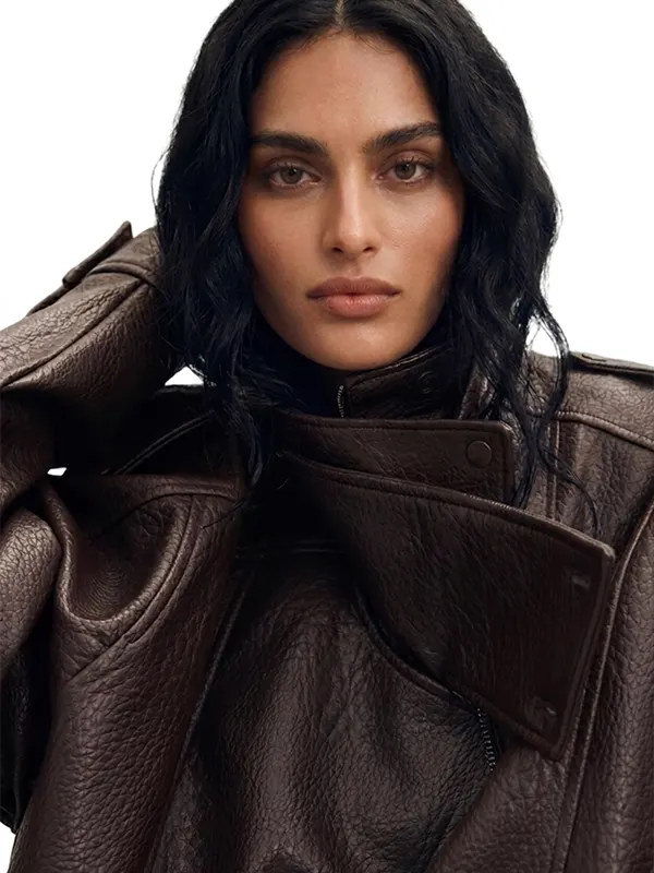 LEATHER EFFECT BIKER BROWN JACKET