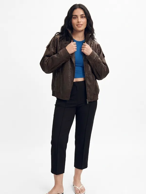 LEATHER EFFECT BIKER BROWN LEATHER JACKET